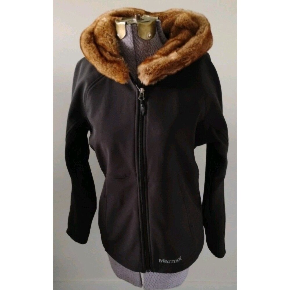 Marmot Jacket Women's Soft Shell Black Faux Fur Lined Hood Sz S EUC Warm Fleece